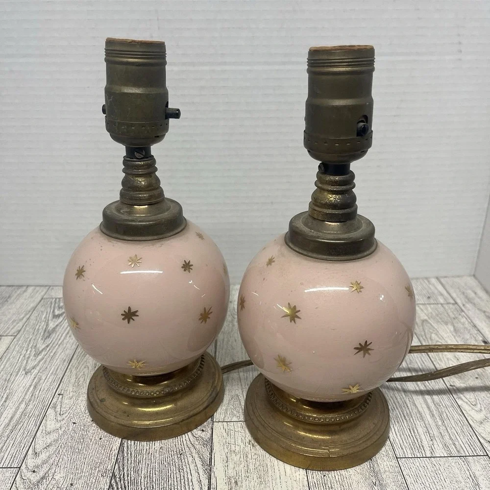 Vintage Pink Atomic Starburst Boudoir Lamps Pair Mid Century Modern 1950s Retro